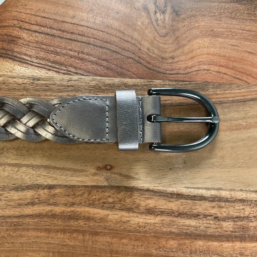 Brown Braided Leather Women's Belt Size L with silver buckle